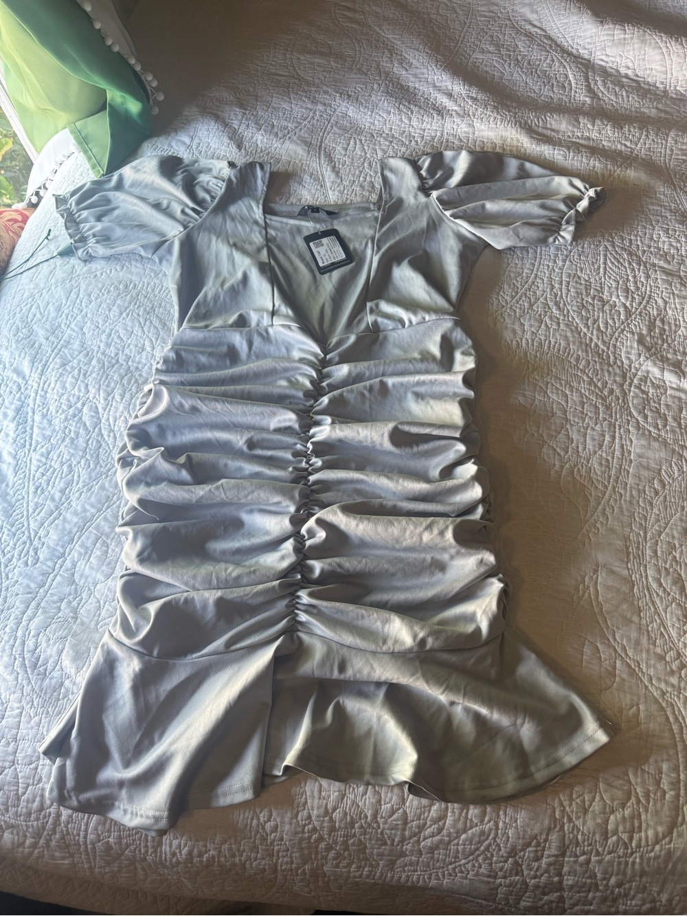 Silver Ruched V-Neck Mini Dress